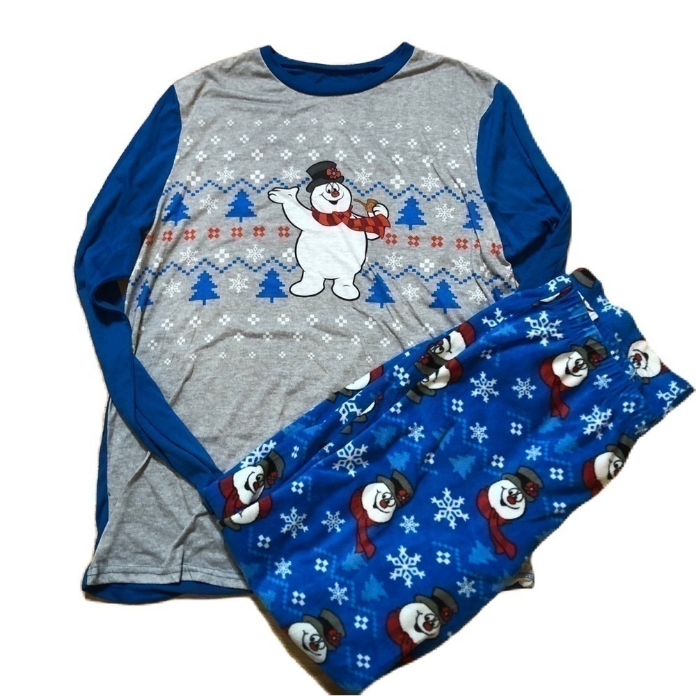 Frosty the Snowman Pajama Set Medium Men’s Long Sleeve Shirt Fleece Pants Blue